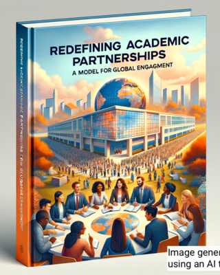 Book cover for "Redefining Academic Partnerships: A Model for Global Engagement," featuring a modern university building, globe, and cityscape in the background, with diverse students discussing in the foreground. Text overlay reads, Content generated with an AI tool.